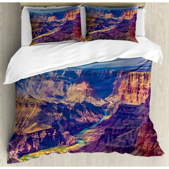Canyon Duvet Cover Set King Size, Aerial View of Epic Grand Canyon Activity of River Stream over Rock Plateau Print, Decorative 3 Piece Bedding Set with 2 Pillow Shams, Blue Tan, by Ambesonne