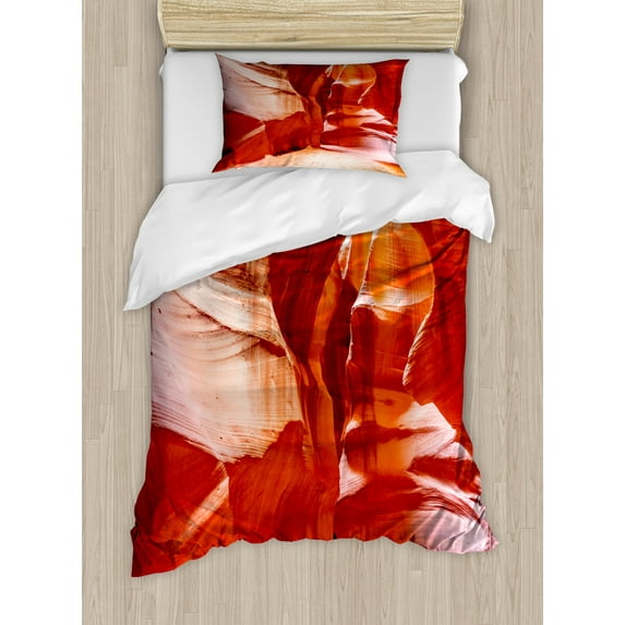 Canyon Duvet Cover Set, Scenic Photo of Caves in Reservation Antelope Canyon Arizona USA Pattern, Decorative 2 Piece Bedding Set with 1 Pillow Shams, Twin Size, Vermilion Burnt Sienna, by Ambesonne