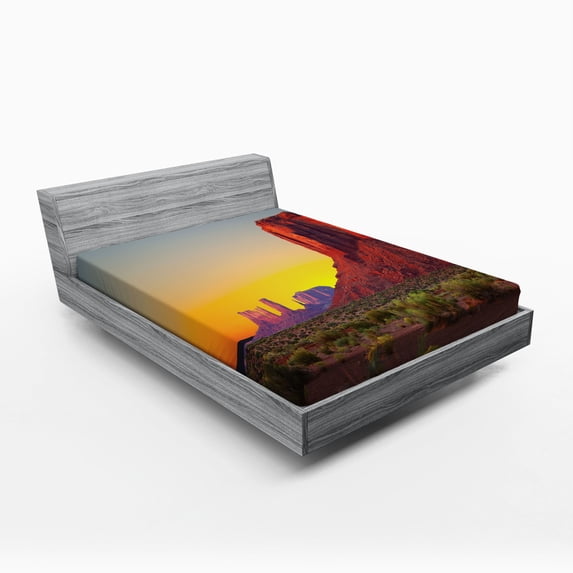 Ambesonne Canyon Fitted Sheet, Sunset at Valley Nature, Queen Size, Red Yellow