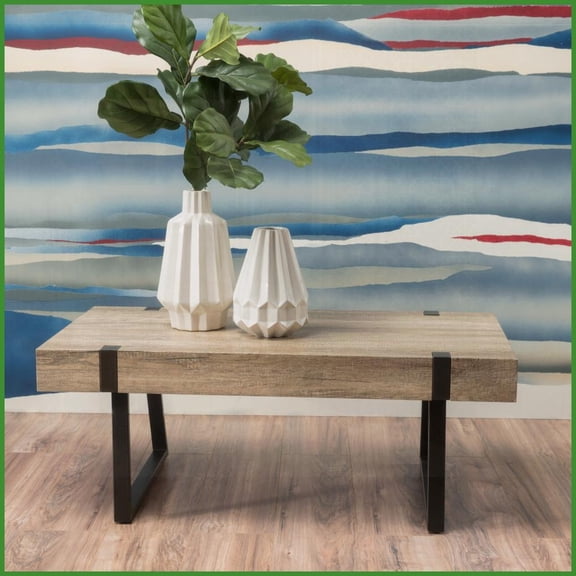 Canyon Grey Faux Wood Coffee Table – Sturdy Metal Legs, Modern Industrial Style for Living Room