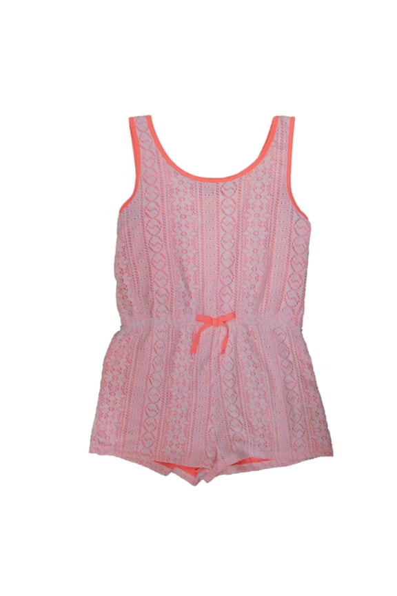 Girls White Neon Orange Sleeveless Lace Overlay Romper M