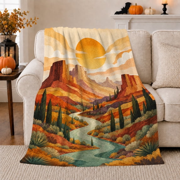 Canyon River Sun Art Cypress Trees Red Rocks, Peaceful Festive Scene, Warm Flannel Blanket for Cabin and Lodge, Art Lovers Thanksgiving Gift, Festive Home Decor