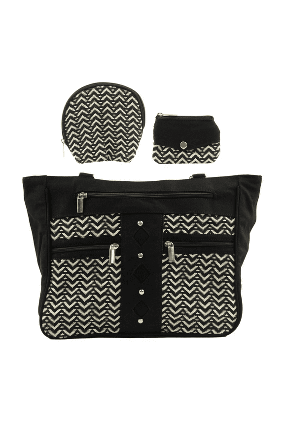 Black and White Handbag Set with Matching Clutch and Coin Purse