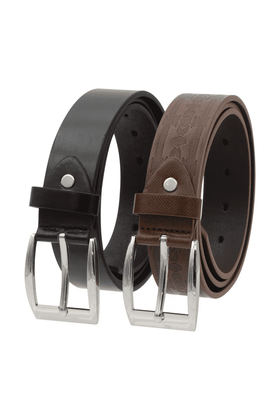Men's Leather Belt Set Embossed Brown & Solid Black, Size 42
