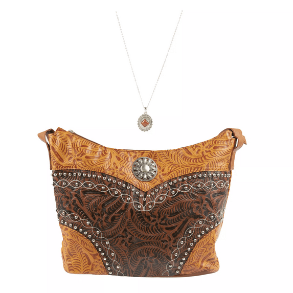 Canyon Sky Southwestern Embossed Faux Leather Handbag and Pendant Necklace Set