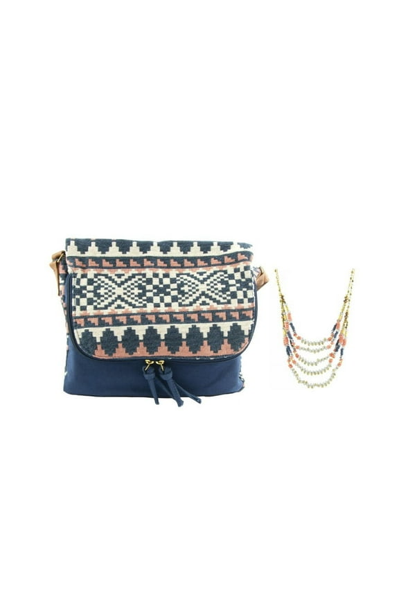 Southwestern Embroidered Blue Crossbody Bag and Layered Necklace Set