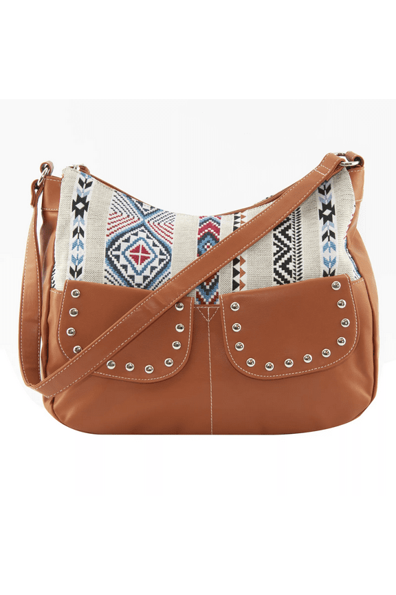 Southwestern Tan Faux Leather Studded Shoulder Handbag