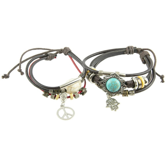 Canyon Sky Turquoise and Howlite Leather Strand Adjustable 2 PC Bracelet Set