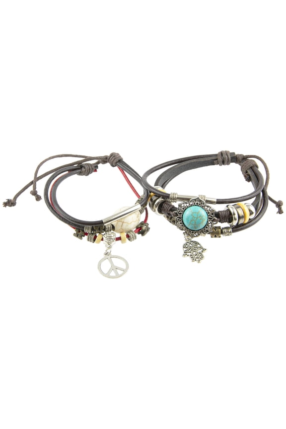 Turquoise and Howlite Leather Strand Adjustable 2 PC Bracelet Set