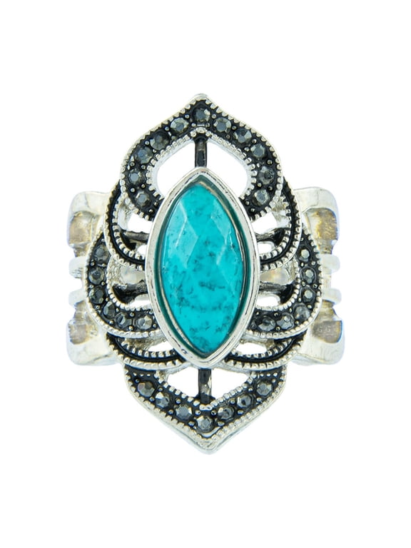Western Boho Marquise Cut Faux Turquoise Silver Tone Ring, Size 7