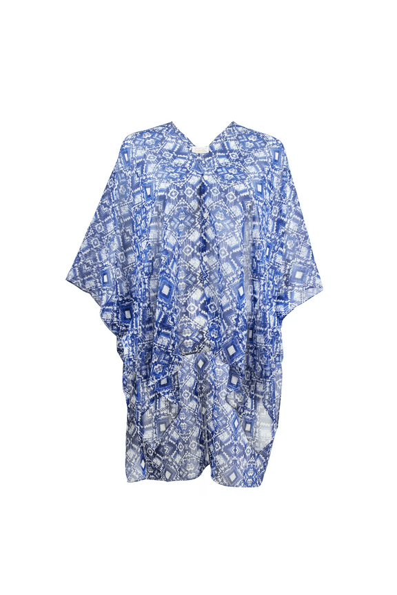 Women's High-Low Blue and White Print Caftan, One Size