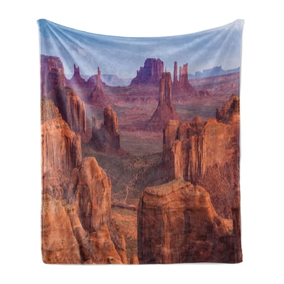Canyon Soft Flannel Fleece Blanket, View of Deep Canyon with Different Scaled Length Red Rocks Discovery Artwork Theme, Cozy Plush for Indoor and Outdoor Use, 60" x 80", Brown Blue, by Ambesonne