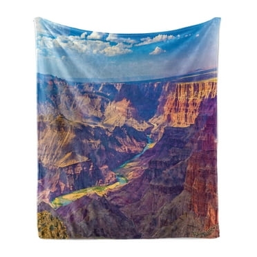 Canyon Soft Flannel Fleece Throw Blanket, Aerial View of Epic Grand Canyon Activity of River Stream over Rock Plateau Print, Cozy Plush for Indoor and Outdoor Use, 50" x 70", Blue Tan, by Ambesonne
