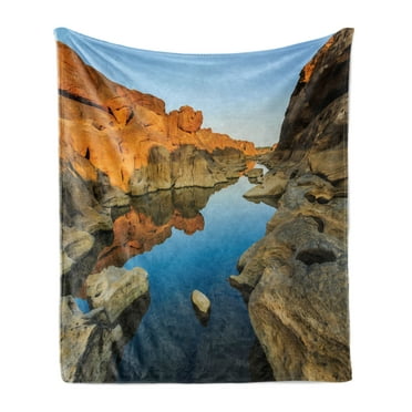 Canyon Soft Flannel Fleece Throw Blanket, Secret Small Ravine Between Pairs of Cliffs Erosion of River Carved Scene Print, Cozy Plush for Indoor and Outdoor Use, 60" x 80", Blue Orange, by Ambesonne