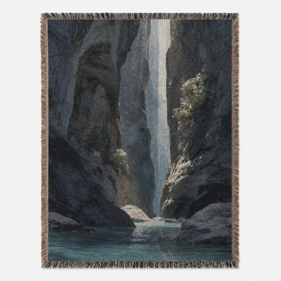 Canyon Waterfall Woven Throw Blanket 100% Cotton | Scenic Nature Landscape | Fringed Edges | 3 Sizes
