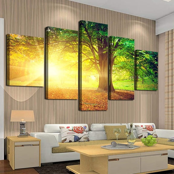 Cao Gen Decor Art-AH40139 5 panels Wall Art Canvas Prints Sunset Trees Natural Forest Pictures Ready to hang for Home Decoration Yellow Artwork