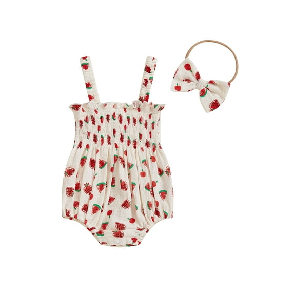 Caoirhny 0-18M Baby Girls Summer Sweet Rompers Sleeveless Fruit Print Cami Romper with Headband