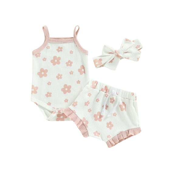 Caoirhny 0-18M Infant Baby Girl Flower Clothes Summer Straps Knit Romper Tank Top Ruffle Shorts Set Headband 3 Pcs Outfits Set