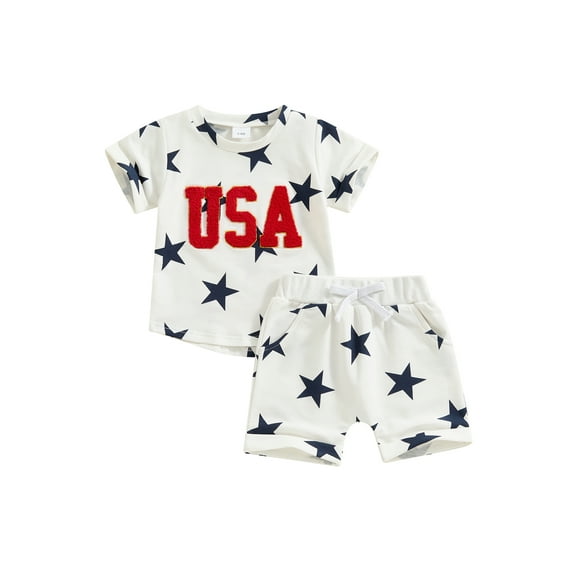 Caoirhny 0-3Years Toddler Baby Boys Shorts Set, Short Sleeve Embroidery Letters T-shirt with Stars Print Shorts Summer Outfit for 4th of July