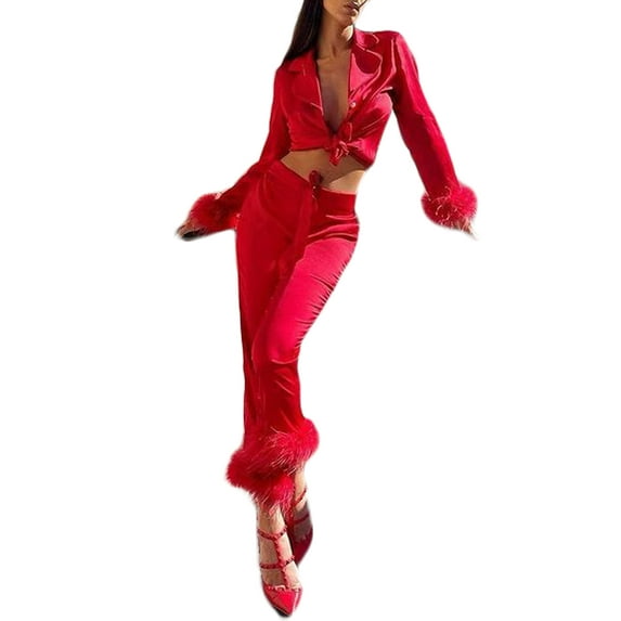 Caoirhny 2 Pcs Women Solid Color Outfits, Adults Furry Long Sleeve Tailored Collar Blazer + Straight-leg Suit Pants