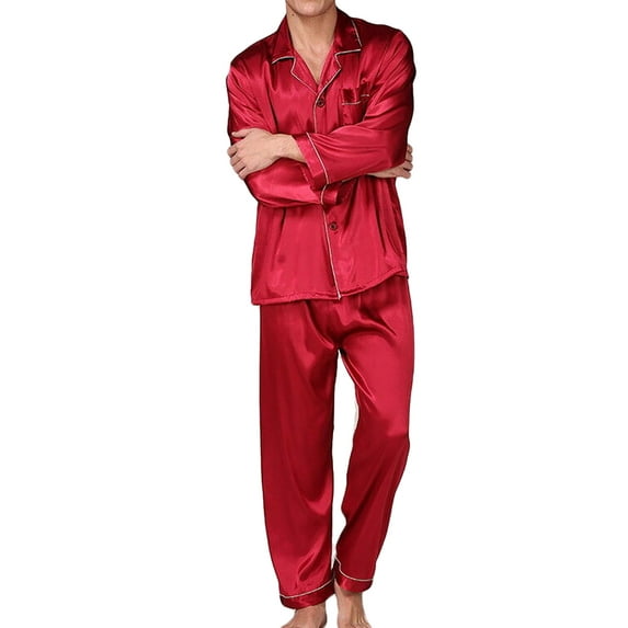 Caoirhny 2 Pieces Nightwear Set, Men’ s Turn-Down Collar Long Sleeve Tops+ Long Pants for Spring Fall, S/M/L/XL/XXL