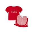 thumbnail image 1 of Caoirhny 2Pcs Toddler Girls Summer Outfits Puff Short Sleeve Crew Neck Heart Embroidery Tops and Elastic Waist Plaid Shorts Set, 1 of 9