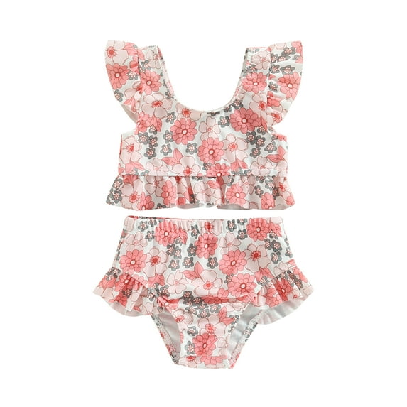 Caoirhny Baby Girls Bikini Set, Flower/Bull Head Print Fly Sleeve Vest with Elastic Waist Briefs Bathing Swimsuit for Summer Beach 6M-3T