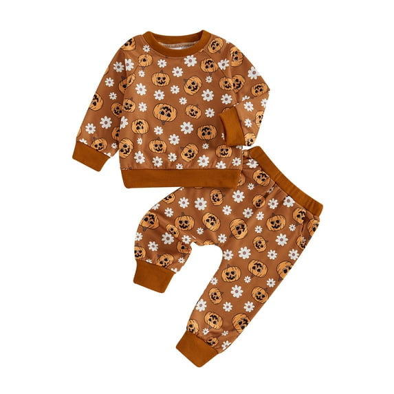 Caoirhny Baby Girl Halloween Outfits Long Sleeve Pumpkin Floral Print Tops + Pants Set Toddler Clothes