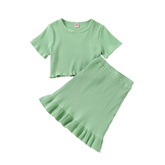 Caoirhny Baby Girl’s Ribbed Two Piece Clothing Set 2T 3T 4T 5T 6T 7T Fashion Solid Color Short Sleeve T-shirt and Ruffles Short Skirt