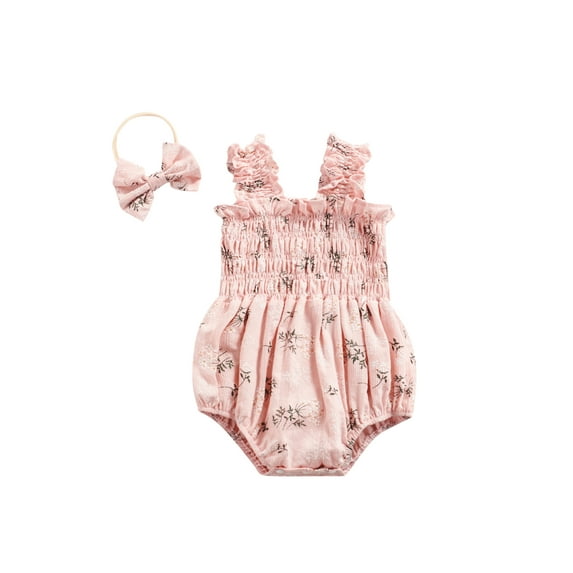 Caoirhny Baby Girl´s Sleeveless Jumpsuit Floral Print Elastic Bust Shoulder Straps Romper Bow Headband
