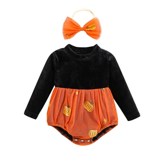 Caoirhny Baby Girls 2Pcs Halloween Outfits Long Sleeve Pumpkin Mesh Patchwork Romper with Headband Set Newborn Clothes