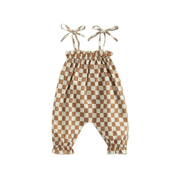 Caoirhny Baby Girls Casual Jumpsuit, Brown Checkerboard Plaid Pattern Sleeveless Tie-up Strap Romper