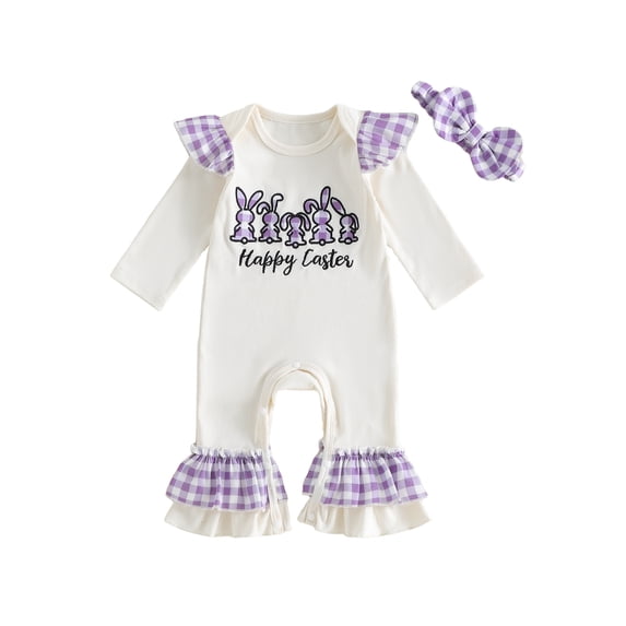 Caoirhny Baby Girls Easter Romper Plaid Bunny Long Sleeves Jumpsuits and Cute Headband Set for Toddler Infant Outfits