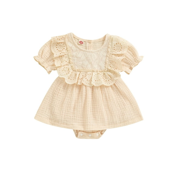 Caoirhny Baby Girls Rompers Dress Eyelet Lace Short Sleeve Skirt Hem Bodysuits Summer Clothes