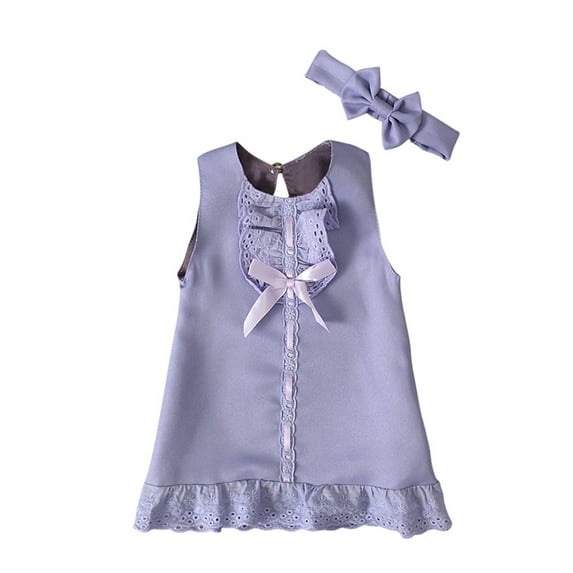Caoirhny Baby Girls Summer A-line Dresses Sleeveless O Neck Lace Trim Bow Dress + Headband