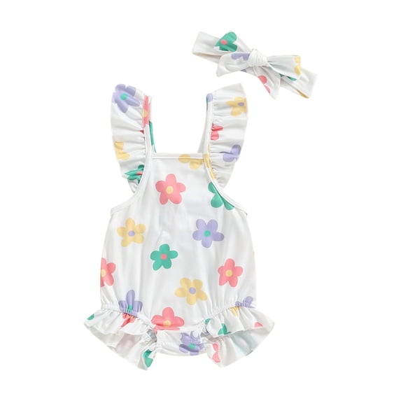 Caoirhny Baby Girls Summer Casual Romper Flying Sleeve Floral/Strawberry Print Romper with Headband
