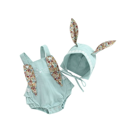 Caoirhny Baby Girls Summer Casual Romper Sleeveless Floral Print Bunny Ear Playsuit with Cartoon Hat