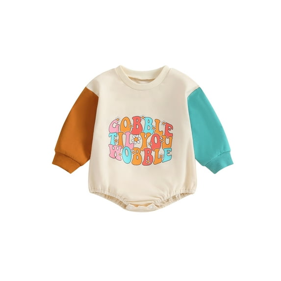 Caoirhny Baby Romper, Long Sleeve Crew Neck Letters Print Contrast Color Fall Bodysuit Thanksgiving Clothes for Girls Boys