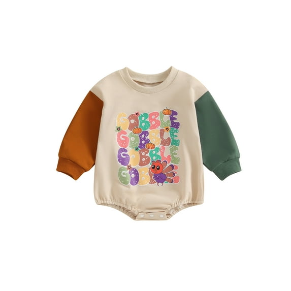 Caoirhny Baby Romper, Long Sleeve Crew Neck Letters Print Contrast Color Fall Bodysuit Thanksgiving Clothes for Girls Boys