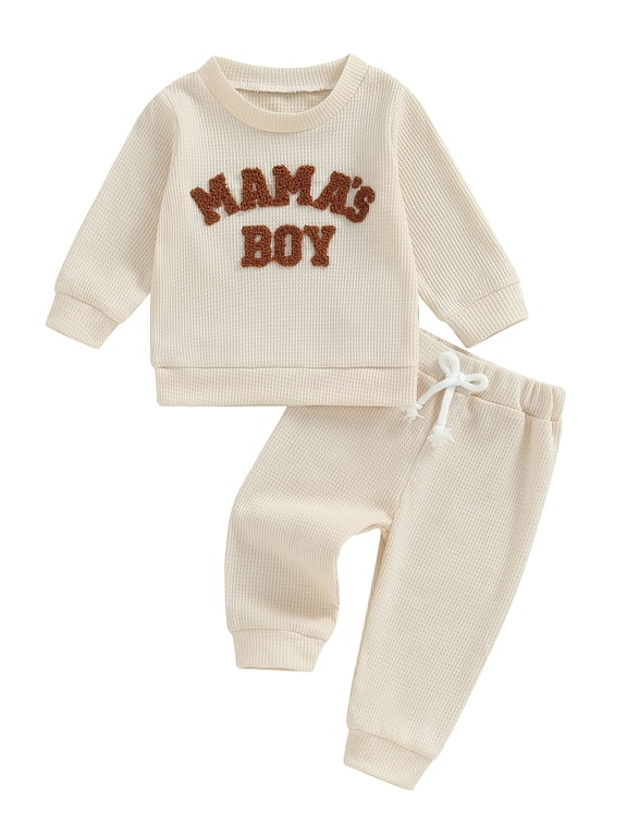 Baby Toddler Boy Fall Clothes Set 6 12 18 24 Months 2T 3T Letter Embroidery Long Sleeve Sweatshirt Elastic Waist Pants 2 Piece Waffle Outfit