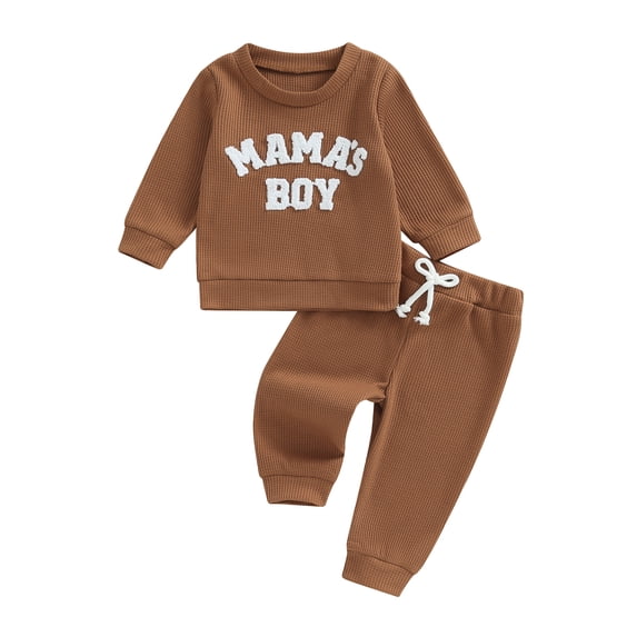 Caoirhny Baby Toddler Boy Fall Clothes Set 6 12 18 24 Months 2T 3T Letter Embroidery Long Sleeve Sweatshirt Elastic Waist Pants 2 Piece Waffle Outfit