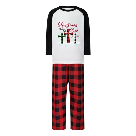 Caoirhny Christmas Family Pajamas Matching Set Letter Cross Print Long Sleeve Tops and Plaid Pants Sleepwear