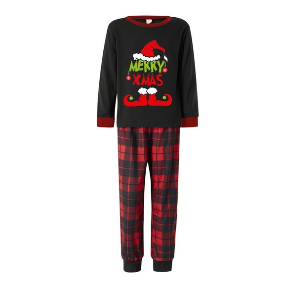 Caoirhny Christmas Family Pajamas Matching Set, Long Sleeve Letters Print T-shirt with Plaid Pants Sleepwear Loungewear