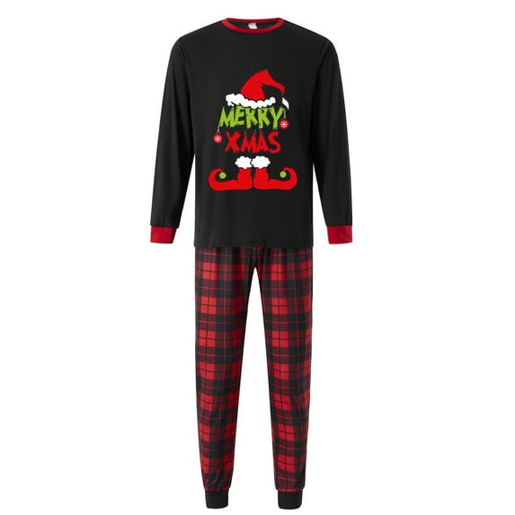 Caoirhny Christmas Family Pajamas Matching Set, Long Sleeve Letters Print T-shirt with Plaid Pants Sleepwear Loungewear