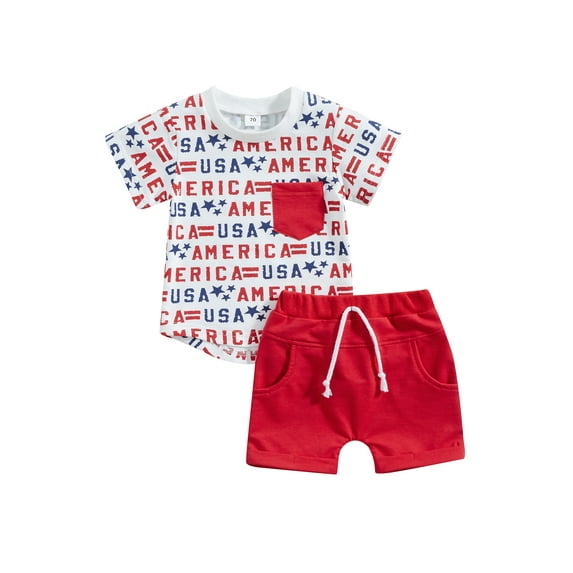Caoirhny Independence Day Kid Girl Boy Pants Suit 0 6 12 18 24 Months 2T 3T 4T Short Sleeve Round Neck Letters Shirt + Drawstring Short Trousers Outfit
