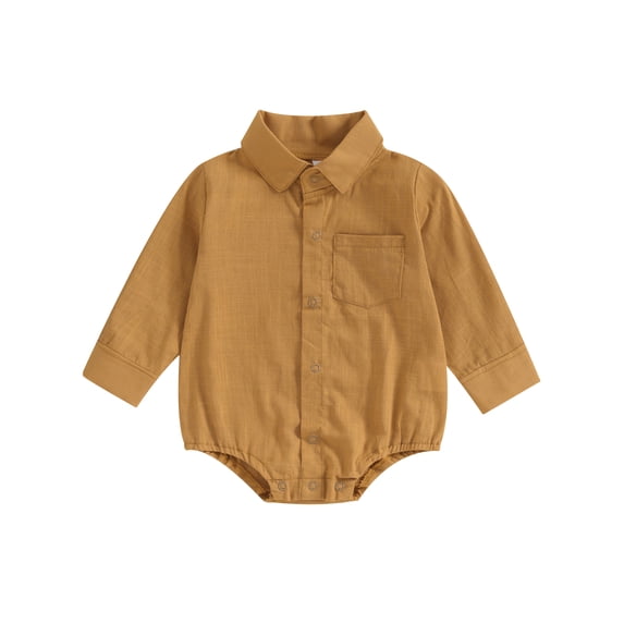 Caoirhny Infant Baby Boy Gentleman Romper Solid Color Long-Sleeved Lapel Front Button Jumpsuit with Pocket Toddler Clothes