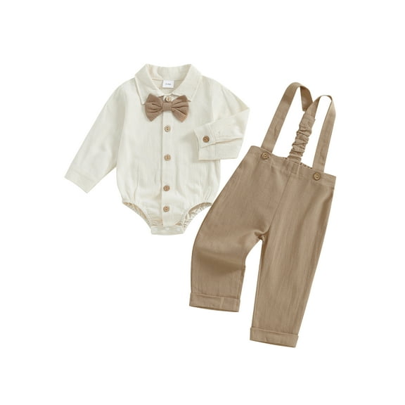 Caoirhny Infant Baby Boys Gentleman Outfit 3 6 9 12 18 Months Long Sleeve Lapel Button Up Romper Solid Color Suspender Pants Clothes Set