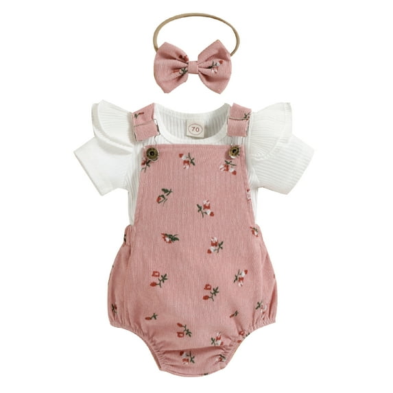 Caoirhny Infant Baby Girl Summer Clothes, Solid Color Fly Sleeve Round Neck Tops + Flower Pattern Suspender Jumpsuit + Bow Headband