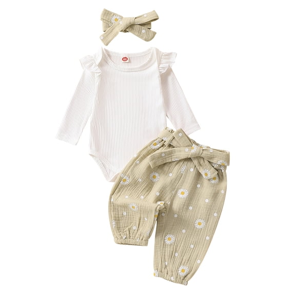 Caoirhny Infant Baby Girls Fall Clothes Set 3 6 12 18 24 Months White Long Sleeve Ruffle Romper Daisy Print Belted Pants Headband Outfits