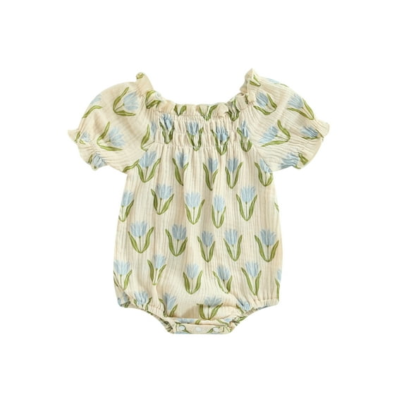 Caoirhny Infant Baby Girls Romper Flower Print Short Puff Sleeve Newborn Jumpsuits Summer Clothes Bodysuits